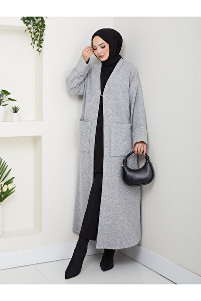 Eliva Women's Gray Woven Imported Cashmere Hijab Cardigan Coat