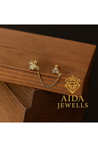 Rupen Kraft 925 Ayar Gümüş Arılı Tasarım Zincirli Piercing Gümüş Küpe