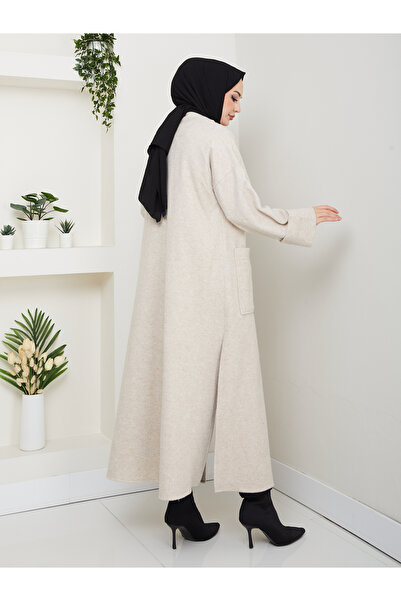 Eliva Women's Beige Cream Woven Imported Cashmere Hijab Cardigan Coat