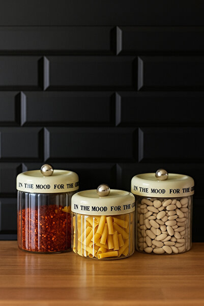 Kezze 3'lü Modern Tasarımlı Krem Vakum Kapaklı Cam Kavanoz Seti 850ml+1100ml+...