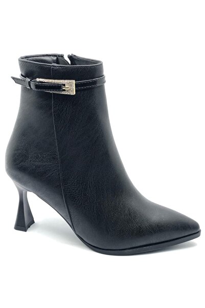 KOCAMANLAR Feles Classic Pointed Toe Heeled Women's Boots with Thin Stone Buckle on the Side Black