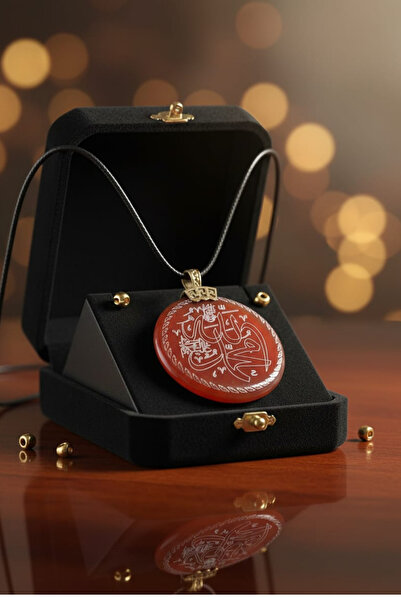 TAKI DERYASI Doğal Akik Taşı Kolye Allah Muhammed Yazılı, El Yapımı, Erkek Kadın Hediyelik