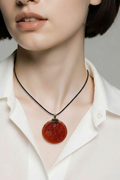 TAKI DERYASI Doğal Akik Taşı Kolye Allah Muhammed Yazılı, El Yapımı, Erkek Kadın Hediyelik