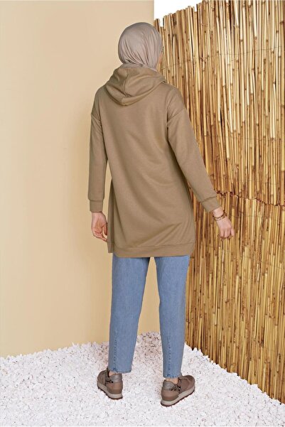 TRENDTESETTÜR Women's Beige Hooded Basic Tracksuit Tunic 1456