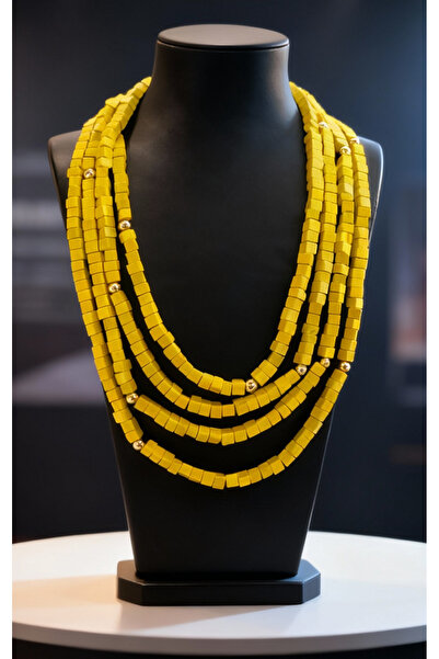 COCOSH TAKI Fosforlu sarı ahşap boncuklu gold detaylı çoklu solamalı uzun kolye