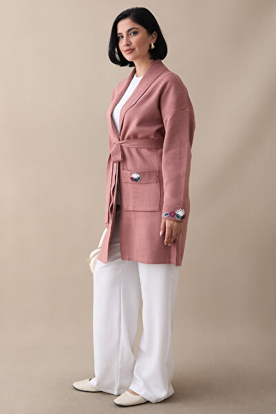 InStyle Dusty Rose Knitwear Jacket with Embroidery Pockets and Sleeves