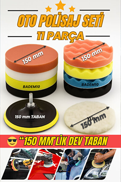 Badem10 Pasta Cila Polisaj Süngeri Seti Büyük Boy 11 Parça 150mm Matkap Uyumlu Oto Seramik Wax Parlatma Pedi