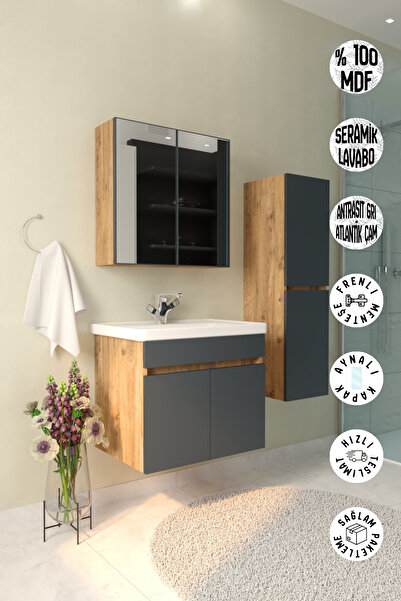 makbulce Tokyo Havlu Dolaplı 65cm Seramik Lavabolu MDF Aynalı Banyo Dolabı-Atlantik çam&antrasit gri
