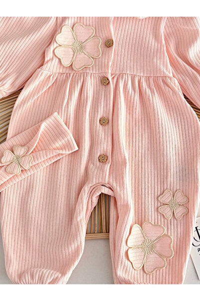 Jammybaby Daisell Embroidered K Ribbed Knit 100% Cotton Jumpsuit and Bandana Set