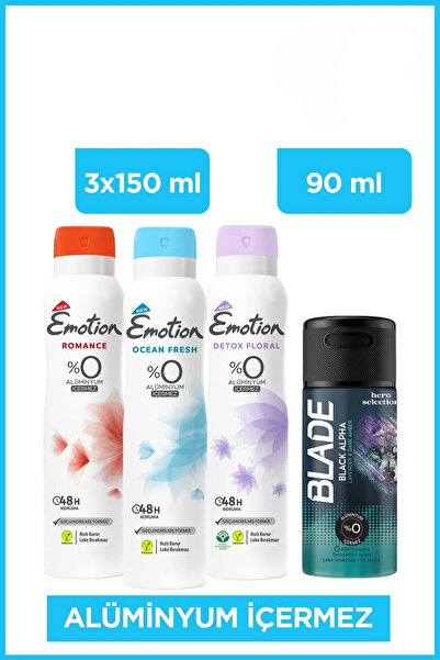 Emotion Detox Floral+Ocean Fresh+Romance Deodorant 3x150 Ml & Blade Black Alp...