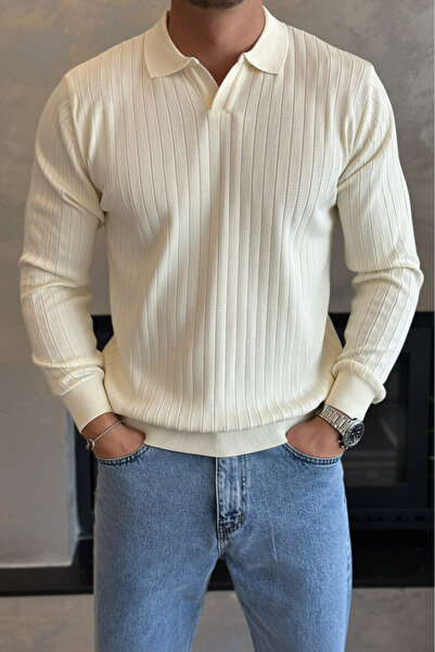 ECARTS Men's Regular Fit Polo Neck Ribbed Knit Sweater Cream Eca046