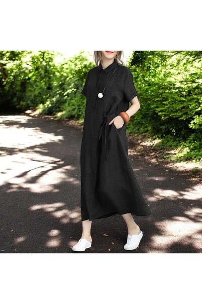 Barbora Gömlek Yaka Salaş Keten Elbise