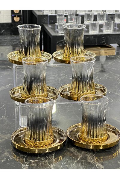 isra kristal Luxury 6-Piece Gold Glass Tea Set – Stylish Cups and Saucers Set – Dishwasher Safe Tea Set