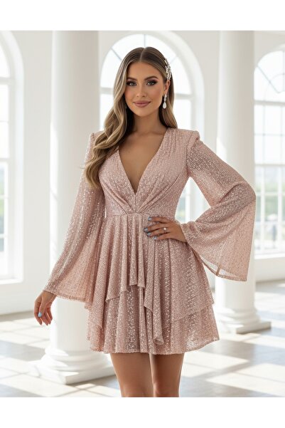 VELİSİA fermuar ile ayarlanabilir göğüs dekolteli payetli mini abiye elbise p...