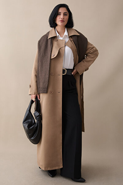 InStyle Kapak Detay Uzun Astarlı Bej Trençkot
