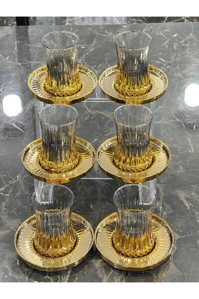 isra kristal Luxury 6-Piece Gold Glass Tea Set – Stylish Cups and Saucers Set – Dishwasher Safe Tea Set