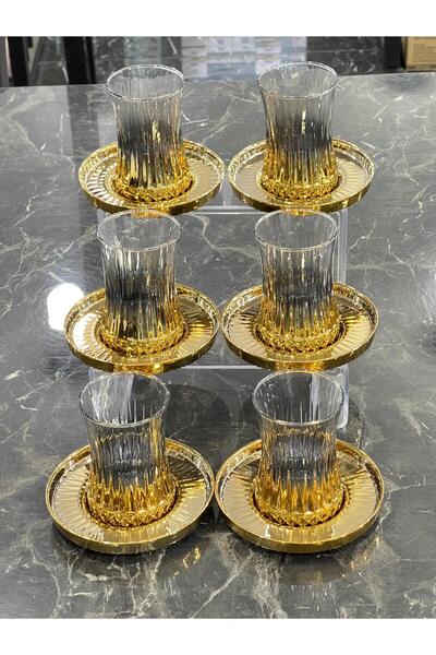 isra kristal Luxury 6-Piece Gold Glass Tea Set – Stylish Cups and Saucers Set – Dishwasher Safe Tea Set