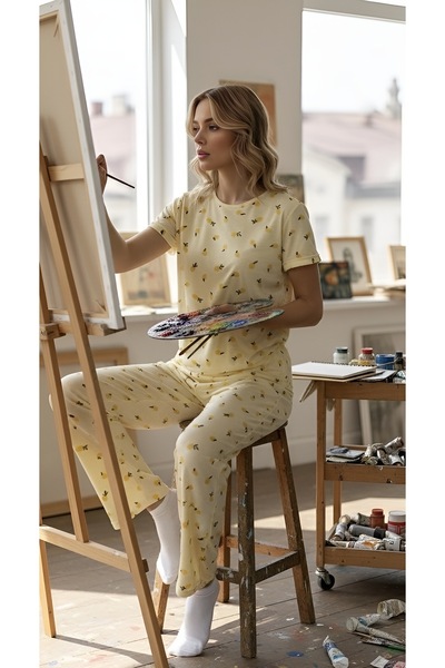 ELİBELLA طقم بيجامة نسائي من القطن الليكرا بتفاصيل ليمون