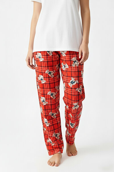 Mrey Red Teddy Bear Striped Checkered Patterned Soft Velvet Pajama Bottom, Single Bottom Pajamas