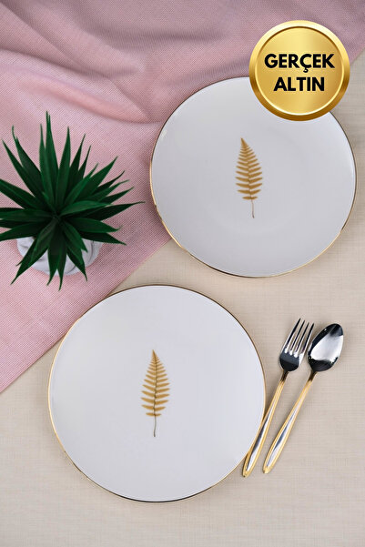 tabakevi Tabak Evi Porselen Natura Fern Altın Yaldız Pasta Tabağı 20,50cm 2 li