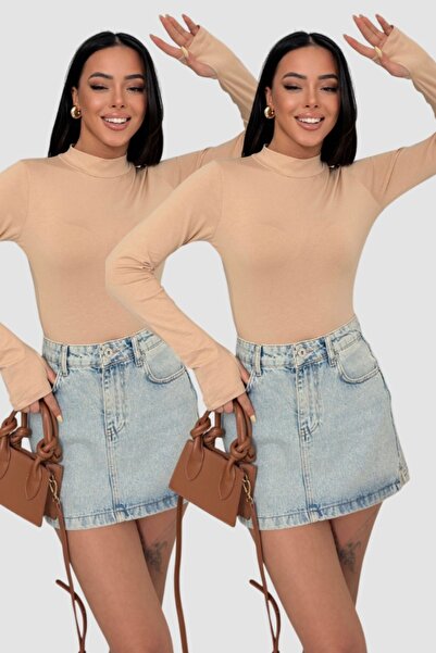 Lunamiratto Bluză de damă, 2 bucăți, bej, cu detaliu pentru degete, cu mâneci...