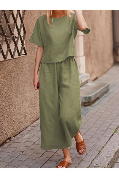 Barbora İkili Alt Üst Kadın Takım Keten Günlük Rahat Beli Lastikli