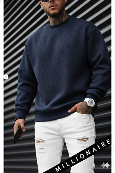 Millionaire Pánská mikina s námořnickou modrou Basic 0 Crew Neck Potištěný Plain Oversize Volný Loose Fit fleecová mikina