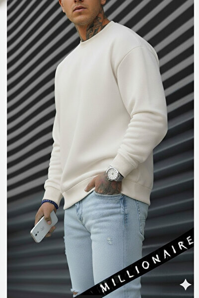 Millionaire Ανδρικό απλό υπόλευκο κρεμ εκρού Basic μη εκτυπωμένο ολοκαίνουργιο λαιμόκοψη υπερμεγέθους Casual φούτερ φούτερ