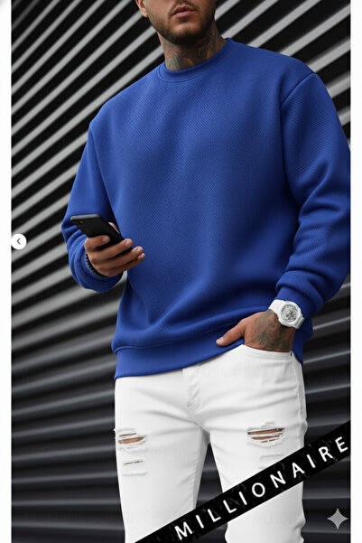 Millionaire Синій чоловічий оверсайз-светр з флісу - без коміра, без принту, вільний крій