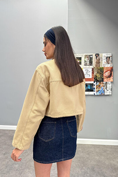 Flow Taba Bej Kahverengi Yakalı Crop Ceket