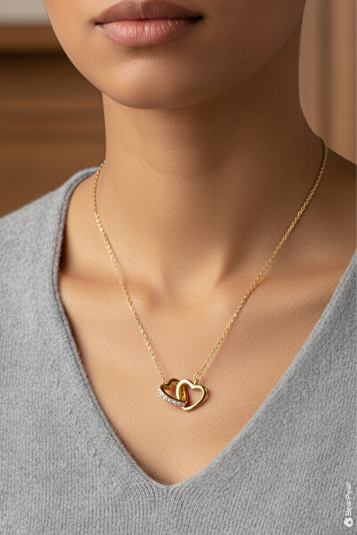 BearPear Zirkon Taşı Paslanmaz Çelik Kolye iç içe Geçen Kalpli Kolye Gold