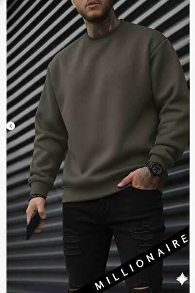 Millionaire Pánská khaki zelená oversize fleecová mikina – 0 Crew Neck, bez potisku, volný volný střih