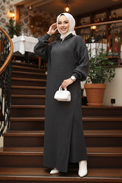 N.S NEVA STYLE Ribbed Anthracite Knitwear Hijab Double Set 17207Ant