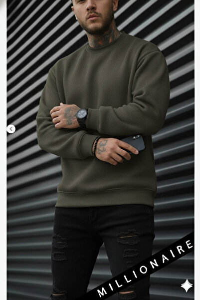 Millionaire Pánská khaki zelená oversize fleecová mikina – 0 Crew Neck, bez potisku, volný volný střih