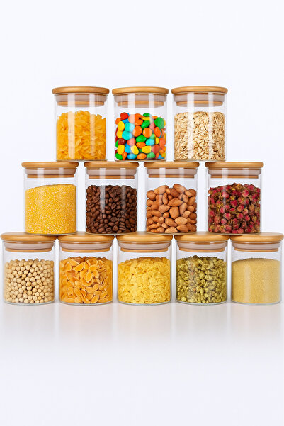 ERKUGO 12 Adet Vakumlu Bambu Kapaklı Borosilikat Baharatlık, Saklama Kabı, Çerezlik, Mumluk (200 ml) Jarpot