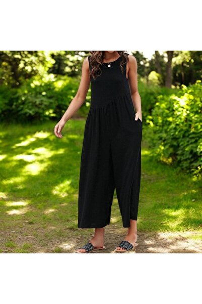 Toridas Keten Yazlık Günlük Sırt Dekolteli Salaş Kadın Tulum