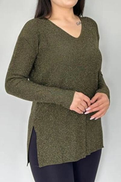 Bİ.GİYSEN Dámská khaki zelená lycra blůza s výstřihem do V, vnější strana s třpytkami, vnitřní strana měkká a tenká pletenina