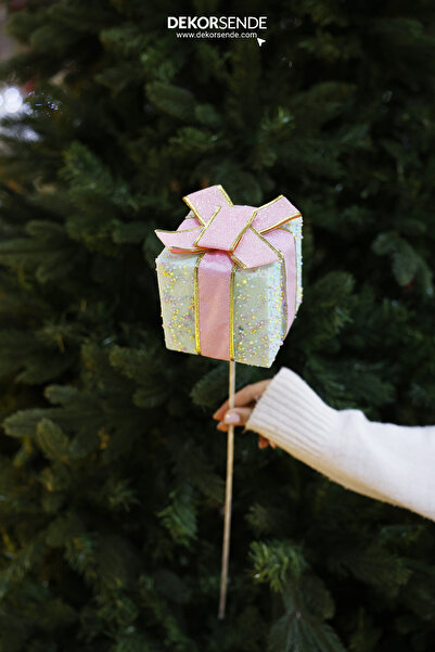 Dekorsende Cutie cadou cu ornament de Anul Nou cu tijă verde roz 40 cm