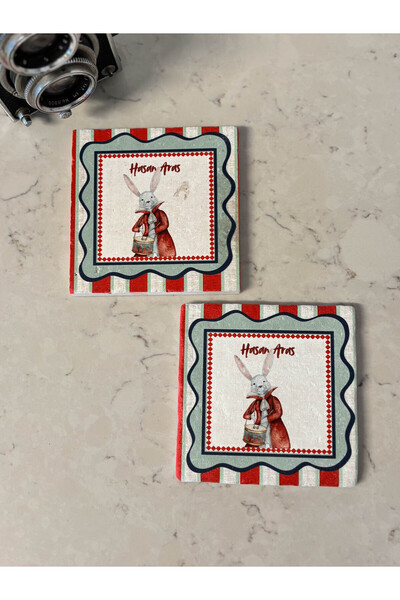 Red Striped Rabbit Pattern Personalized Natural Stone Coaster, Baby Gift, 20 Pieces