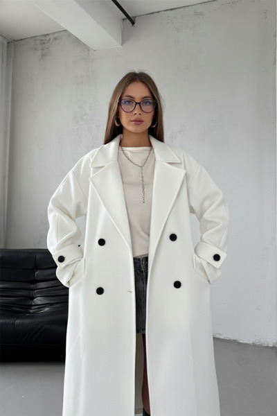 NET OF NOT Ecru Belted New Season Lined Premium Quality Comfortable Fit Women's Cashmere Coat