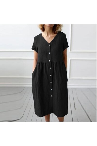 Barbora Keten Günlük Yazlık V yaka Kısa Kol Düğme Detaylı Kadın Elbise