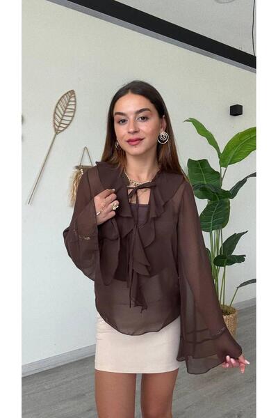 modadagiyim Дамска блуза от шифон с набрани ръкави и волани