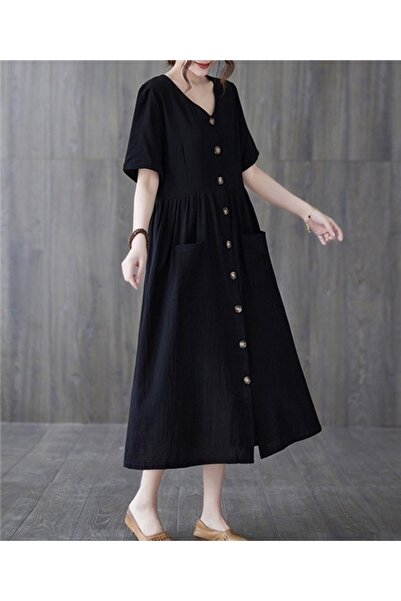 Toridas Keten Günlük Rahat V Yaka Beli Büzgü Detaylı Düğmeli Elbise