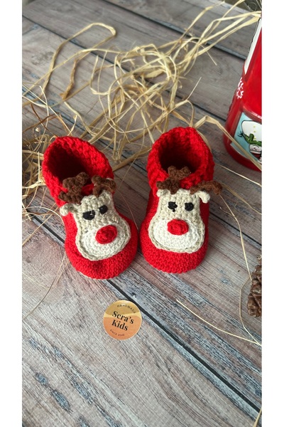 seraskids El Örgüsü Kırmızı Geyik Desenli Unisex Bebek Bot Patik | Koton İp Y...