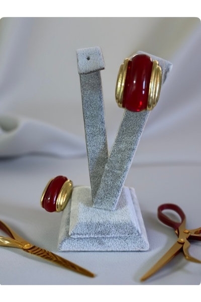 Tasarım Gold Bordo Taşlı Dikdörtgen Küpe