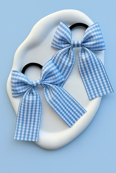 Toka Sepetim Mavi Ekose Desenli Kuyruklu Fiyonk Kurdele Toka 1 Çift Okul Toka...