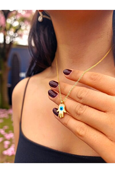 BeyzHal قلادة فاطمة اليد (الهامسة) مطرزة باللون الذهبي - مجوهرات نسائية رمز ا...