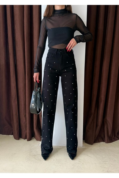 Bluezoni Γυναικείο ίσιο τζιν παντελόνι με ειδικό σχέδιο με μαύρη γυαλιστερή πέτρα, μεγάλο μέγεθος ελαστικό ύφασμα