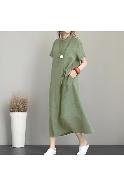 1tarz فستان نسائي صيفي كاجوال من الكتان بأكمام قصيرة وطول كامل
