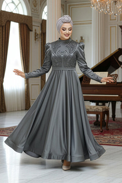 Neva Style Beaded Khaki Satin Hijab Evening Dress 23191Hk